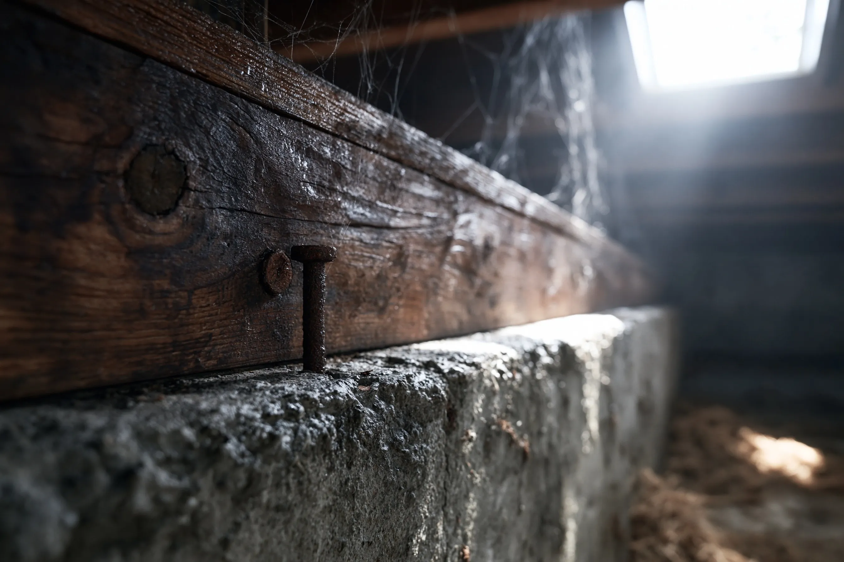 Close-up at the top of a concrete stem wall in a crawlspace: a darkened, damp sill plate and rim joist with soft-looking wood and a rusted anchor bolt
