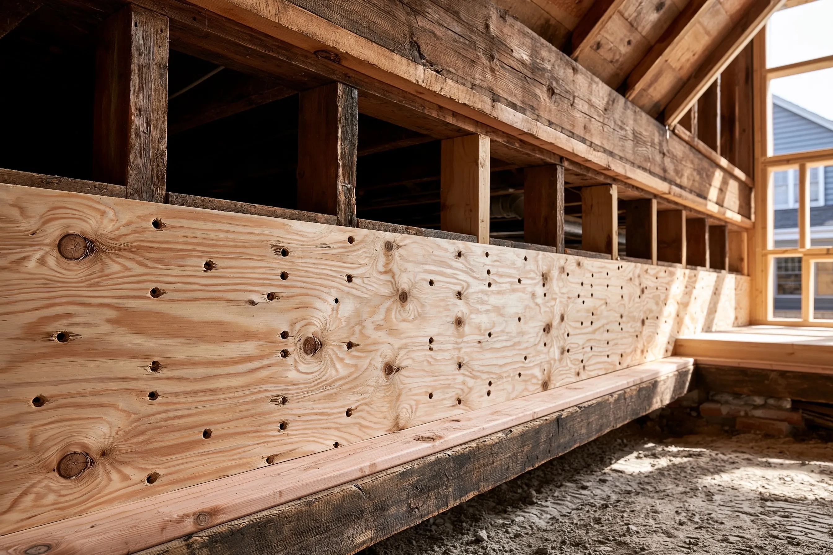Short wall of old dark framing covered with new plywood nailed in a regular pattern, with a framed window at the right and sandy ground