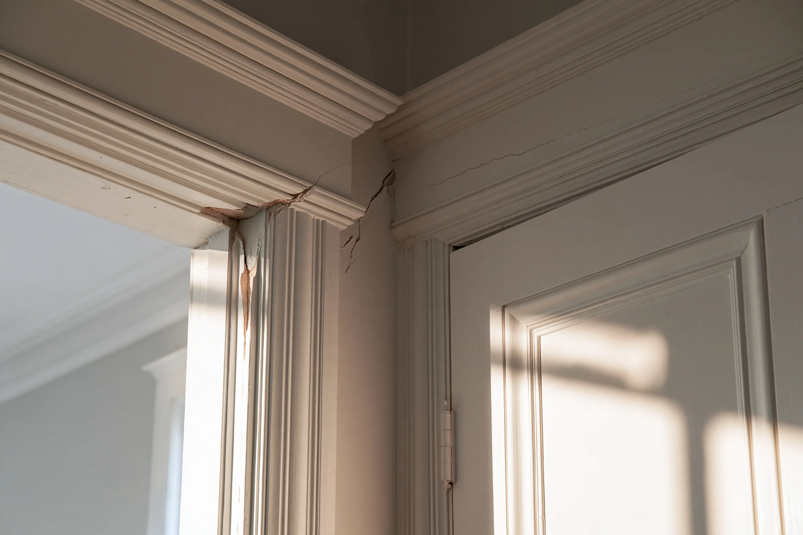 Corner of a doorway with painted trim, a crack running from the door head trim up into the wall, a fine crack along the trim above and a thin dark gap at the top of the door