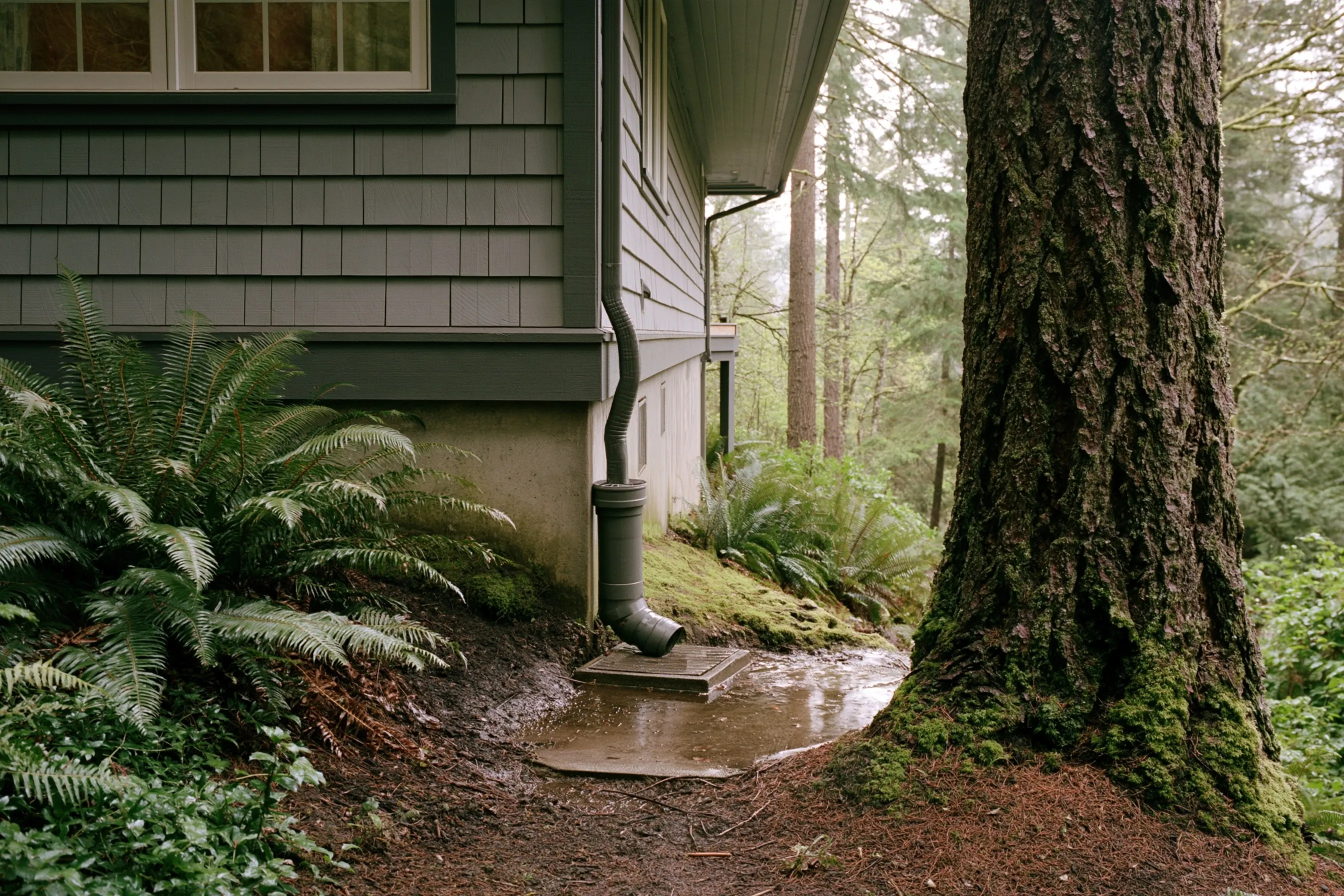 Gutter downspout ending at a splash block, with rainwater pooling next to the foundation wall and moss on the slope