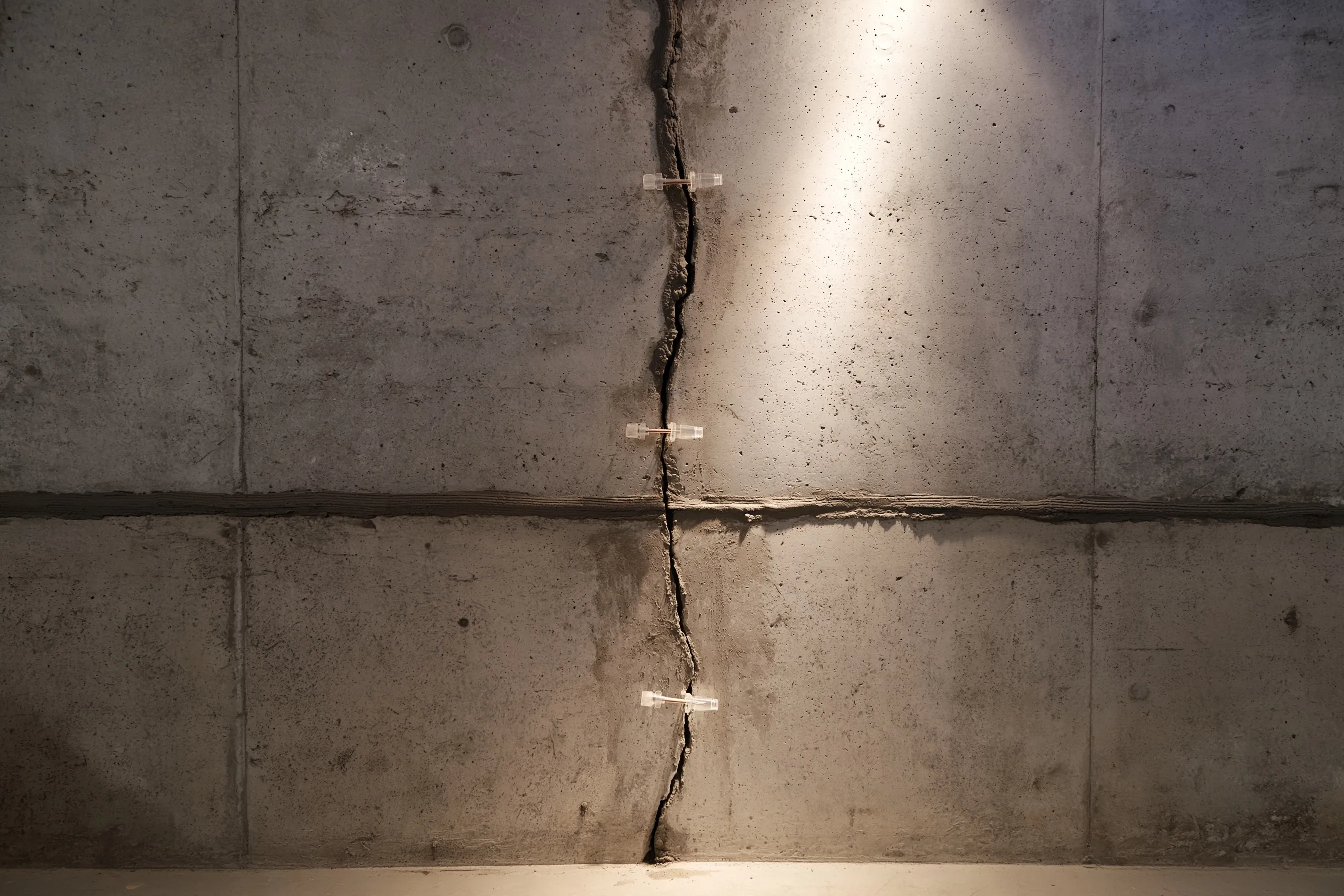 Interior concrete basement wall with a vertical crack sealed with a continuous surface bead and small plastic injection ports spaced along it