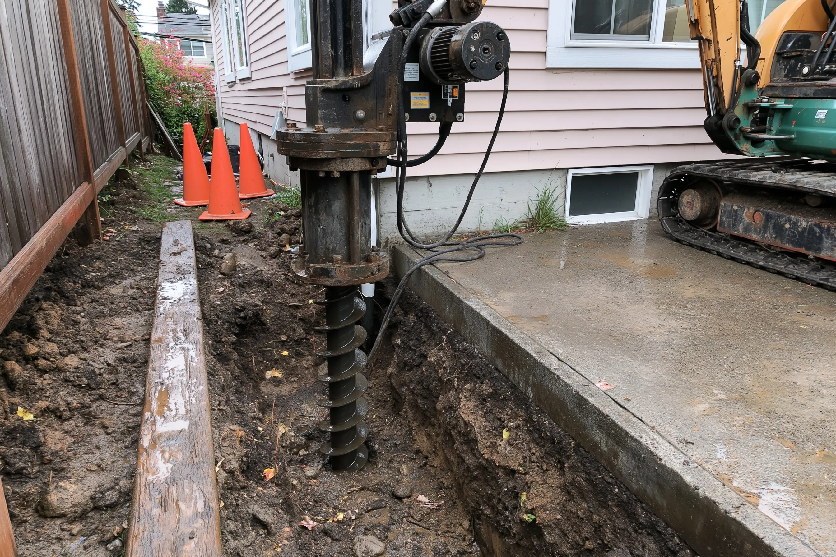 Hydraulic drive head and torque motor on a small compact excavator beside a house foundation, a steel helical shaft being turned into a narrow trench dug beside the footing
