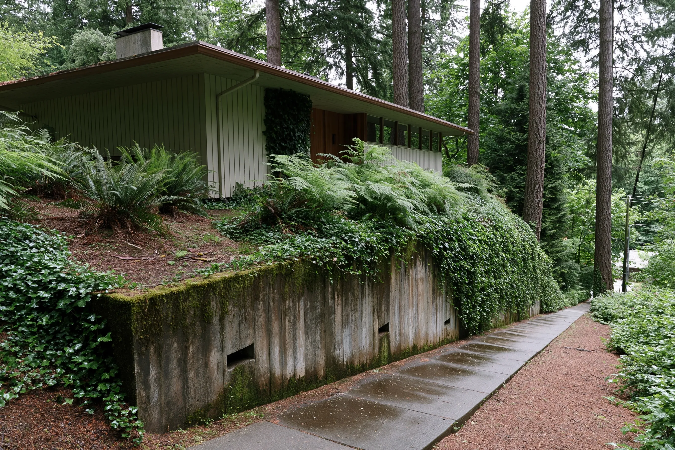 Concrete retaining wall holding a steep front-yard slope beside a sidewalk at a house, with ferns, ivy, moss, small weep holes and tall firs