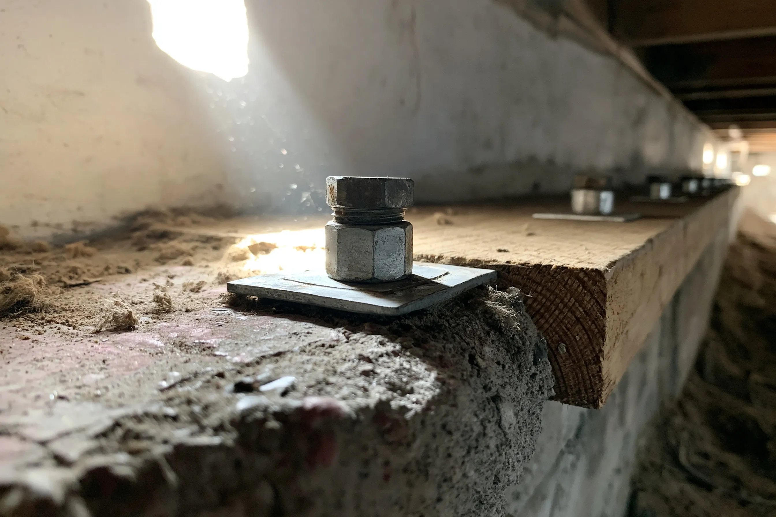 Crawlspace along a concrete stem wall: a steel anchor bolt with a square plate washer fastening the wood sill plate to the concrete, other plates spaced along the wall