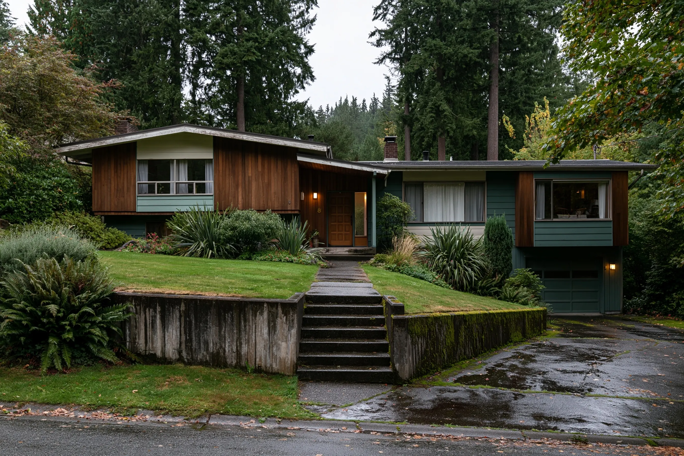 Front of a split-level house with vertical wood and green horizontal siding, a wood front door, low mossy concrete retaining walls on each side of the entry steps, a wet driveway and tall firs